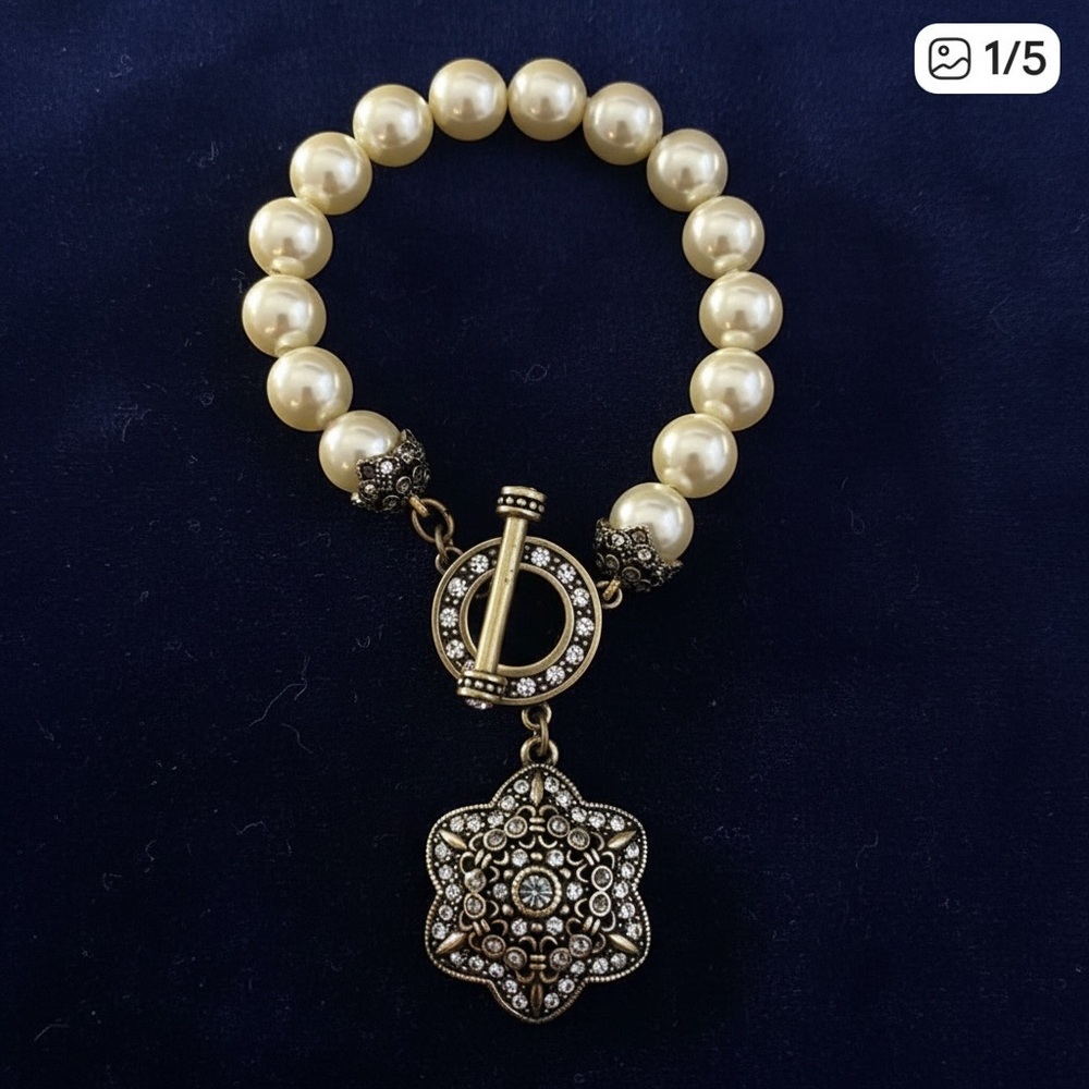 Heidi Daus Faux Pearl Toggle Bracelet Crystal Mandala Medallion